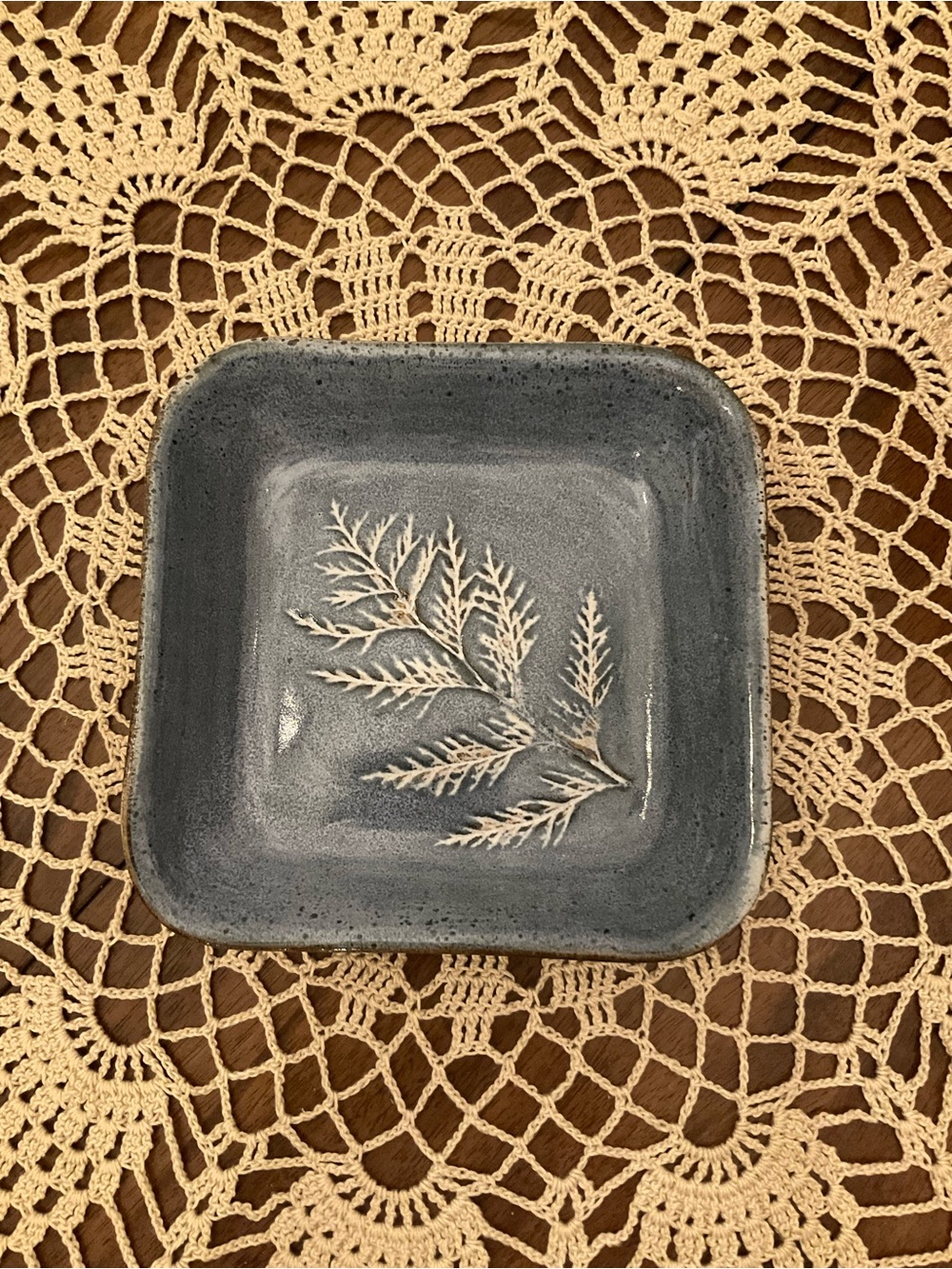 Handmade Studio Pottery Square Bowl Blue Gray Botanical Fern Stoneware 10”
